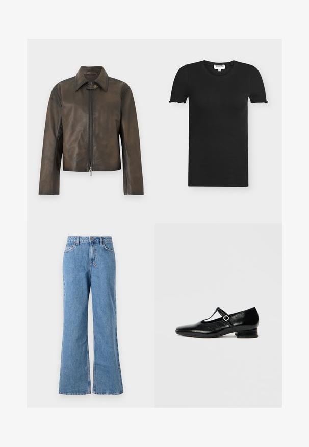 Veste en cuir marron foncé avec fermeture éclair frontale et patte de col à pression, manches longues et ourlet droit.; T-shirt noir côtelé en coton à manches courtes avec encolure ronde et petits bords volantés sur les manches, taille petit, marque Rosemunde.; Jean large en denim bleu clair à taille haute, avec fermeture à bouton et à glissière, poches frontales et texture décolorée.; Chaussures Mary Jane en cuir noir avec bout pointu, petit talon carré et bride ajustable avec une boucle argentée. Texture lisse et brillante.