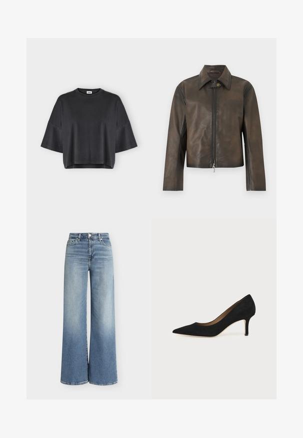 Veste en cuir marron foncé avec fermeture éclair frontale et patte de col à pression, manches longues et ourlet droit.; T-shirt noir oversized à manches courtes avec un col rond et un ourlet légèrement raccourci sur un fond clair uni.; Jean bleu clair taille haute à jambes larges, cinq poches, bouton et zip devant, avec de subtils effets délavés sur les cuisses et les genoux.; Escarpin en daim noir à bout pointu avec un talon stiletto fin de hauteur moyenne et un design à coupe basse sur un fond uni.