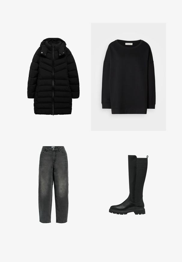 Zwarte pufferjas met een capuchon, met een ritssluiting aan de voorkant en een chevron-quiltontwerp. Gladde textuur met een knielange pasvorm en zonder zichtbare accenten.; Zwarte sweatshirt met een ronde hals, lange mouwen en een relaxed fit. Gemaakt van zachte stof met een gladde textuur en minimale stiksels.; Zwarte denim jeans met een losse pasvorm, voorzien van zijzakken, een knoopsluiting, subtiele vervaging en stikseldetails langs de naden.; Zwarte hoge laarzen tot de knie met een gladleren voorkant en een getextureerd meshpaneel aan de achterkant, voorzien van een rubberen zool en een trek lus voor gemakkelijke aan- en uittrekking.