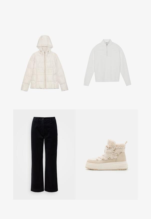 Veste en duvet beige clair avec une capuche, une fermeture éclair pleine longueur et un design matelassé horizontal. Texture douce et lisse avec des accents en métal doré.; Pull en maille blanche, côtelé, avec un col haut, une fermeture éclair quart sur le devant et des manches longues. Texture douce, coupe décontractée et motif de tricot subtil.; Pantalons droit en velours côtelé noir avec fermeture à bouton et à glissière, passes de ceinture et poches latérales sur un fond blanc.; Bottes d'hiver beiges avec une texture pelucheuse, un design à lacets, des accessoires en or et une semelle épaisse pour plus de hauteur et d'isolation.