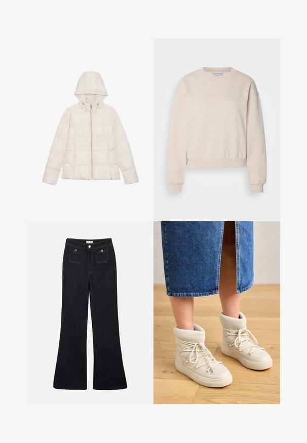 Veste en duvet beige clair avec une capuche, une fermeture éclair pleine longueur et un design matelassé horizontal. Texture douce et lisse avec des accents en métal doré.; Sweatshirt beige clair en tissu doux, doté d'un col rond, de coutures d'épaule tombantes et de poignets et ourlet côtelés.; Jeans en denim foncé évasés avec une taille haute, deux poches avant et des coutures orange. Le matériau semble robuste et lisse.; Bottes beiges à la cheville avec un doux revers en tricot et des lacets blancs. La semelle est épaisse et texturée, associée à une jupe en denim bleu.