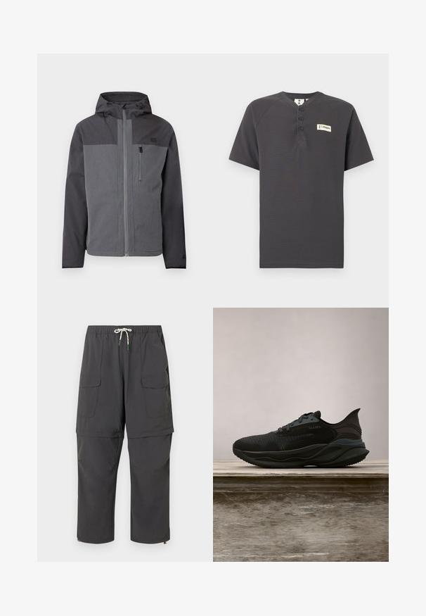 Tweekleurige grijze hoodie met volledige voorkant rits en een ritszak op de borst, weergegeven op een effen witte achtergrond.; Donkergrijs Henley-shirt met korte mouwen, drie knopen en een klein Columbia-logoopzetstuk op de linkerborst tegen een witte achtergrond.; Donkergrijze cargobroek met afneembare benen tot een korte broek, voorzien van een trekkoord in de taille en klepzakken.; Zwarte sportieve sneaker met gestructureerde bovenkant en vetersluiting, tentoongesteld boven een houten oppervlak in de open lucht met groen op de achtergrond.