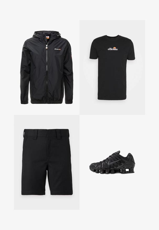 Chaqueta ligera negra con capucha, cierre frontal de cremallera, puños elásticos y un logo sutil en el pecho. Textura suave y diseño minimalista.; Camiseta de algodón negra con cuello redondo, mangas cortas y un logo blanco con un acento naranja cerca del escote.; Pantalones cortos negros hasta la rodilla con trabillas para cinturón y bolsillos frontales, hechos de tela resistente, mostrados sobre un fondo blanco.; Zapatillas deportivas negras fabricadas con malla y materiales sintéticos, con un diseño ondulado distintivo, suela de goma negra y detalles reflectantes.