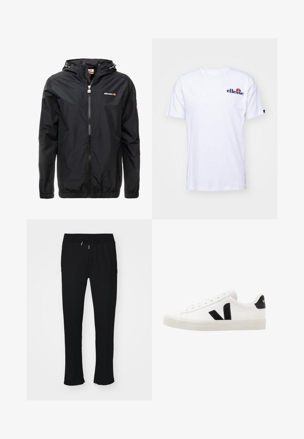 Sort letvægtsjakke med hætte, lynlås foran, elastiske manchetter og en diskret logo på brystet. Glat tekstur og minimalistisk design.; Hvid bomulds t-shirt med korte ærmer, prydet med et marineblåt broderet logo på venstre bryst og en farverig accent over logoet.; Sorte joggingbukser lavet af blødt stof, med elastisk talje og snor, slids ved kanten og subtil mønstret struktur.; Hvide lædersneakers med sorte ruskindsdetaljer; har en gummisål, rund tå og klassisk snørebåndsdesign. Side logo i sort.