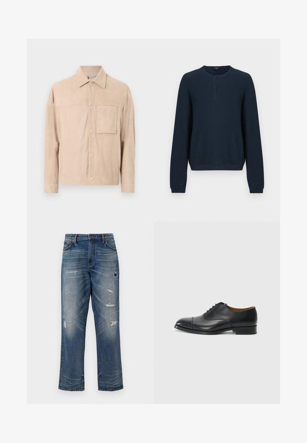 Veste en daim beige à manches longues, col pointu, fermeture à boutons-pression et une poche poitrine unique sur le côté gauche.; Pull bleu marine à manches longues en tissu côtelé texturé. Il présente un col rond et une patte de boutonnage à trois boutons. Les poignets et l'ourlet sont unis.; Jeans en denim bleu avec une coupe décontractée, comprenant des patchs usés et un délavage. Ils possèdent des poches classiques et des coutures apparentes.; Chaussure habillée en cuir noir avec une finition lisse, bout arrondi, cinq œillets pour les lacets et un petit talon carré. Design minimaliste avec des coutures discrètes.