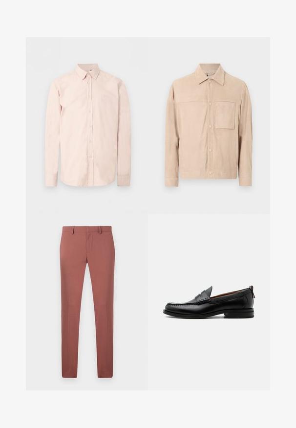 Veste en daim beige à manches longues, col pointu, fermeture à boutons-pression et une poche poitrine unique sur le côté gauche.; Chemise rose clair à manches longues avec boutons, col pointu, logo discret sur la poitrine et poignets boutonnés sur un fond blanc uni.; Pantalons sur mesure de couleur rouge brique, fabriqués en tissu lisse, avec une coupe droite, des passants de ceinture et une fermeture éclair à l'avant avec un bouton.; Mocassin homme en cuir noir avec couture moc toe, bride penny, col texturé et petit talon empilé sur fond blanc.