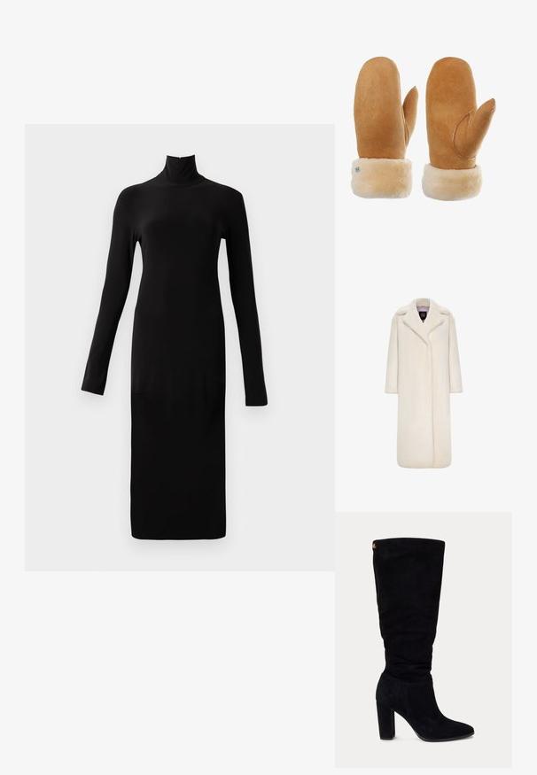 Lange, ivoren faux fur jas met een geknipte kraag, lange mouwen en een open voorkant. Zachte textuur en een silhouet van volle lengte.; Zwart langwerpig jurkje met lange mouwen en een hoge halslijn, voorzien van een geribbelde textuur, met een rechte silhoët en een knie-lange zoom.; Zwarte suède dameslaars tot over de knie met blokhak en puntige neus, voorzien van een klein gouden logo label vlak bij de bovenkant aan de achterkant.; Tan suede wanten met een zachte beige bontmanchet, voorzien van een uniek stikselontwerp en een klein zilveren logoaccent aan één kant.