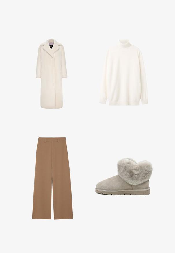 Manteau long en fausse fourrure ivoire avec un col cranté, des manches longues et un design à ouverture devant. Texture douce et silhouette pleine longueur.; Pull col roulé en tissu blanc doux, avec col et poignets côtelés, coupe décontractée, manches longues et ourlet droit.; Pantalons à jambes larges de couleur marron uni, fabriqués à partir d'un tissu texturé ; dotés d'une taille haute et d'un design structuré avec passants de ceinture.; Bottines en peau de mouton beige avec un col en fourrure doux et duveteux, finition en daim lisse, bout rond et semelle en caoutchouc texturé durable.