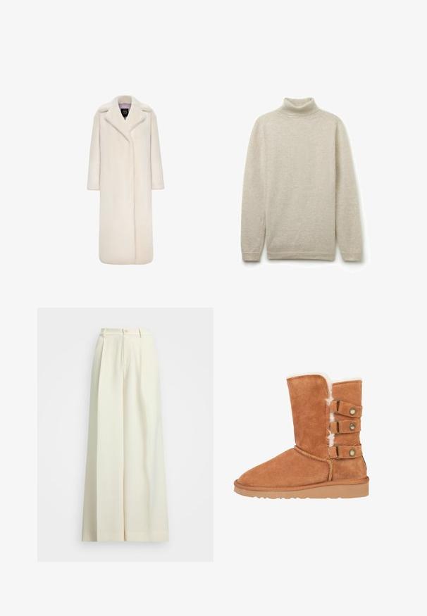 Lang, elfenbensfarvet faux fur frakke med notch-krave, lange ærmer og åbent frontdesign. Blød tekstur og hel længde silhuet.; Lysebeige turtleneck sweater lavet af blødt, tekstureret stof. Har lange ærmer og en tætsiddende halsdesign.; Bredde benbukser i off-white stof, med høj talje, dobbelte plisseringer og knaplukning. Glat tekstur og skræddersyet design.; Tan ruskindsstøvle med hvid pelsforing, lige skaft og tre dekorative stropper med metalknapper på ydersiden. Flad gummisål.