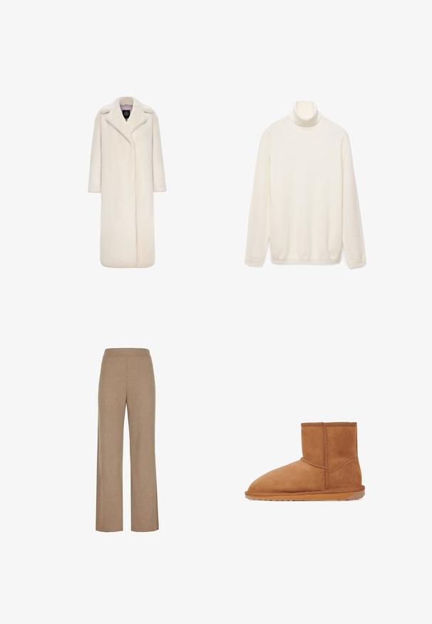 Lang, elfenbensfarvet faux fur frakke med notch-krave, lange ærmer og åbent frontdesign. Blød tekstur og hel længde silhuet.; Cremefarvet turtleneck sweater, lavet af et blødt strikstof. Har lange ærmer og en ribbet krave. Enkel, uornamenteret design.; Beige strikkede bukser med brede ben og elastisk talje, med en glat tekstur uden synlige lommer eller pynt.; Tan ruskinds ankelstøvle med rund tå, lodrette sømme og en tekstureret gummisål. Har et logo-accent på bagsiden.