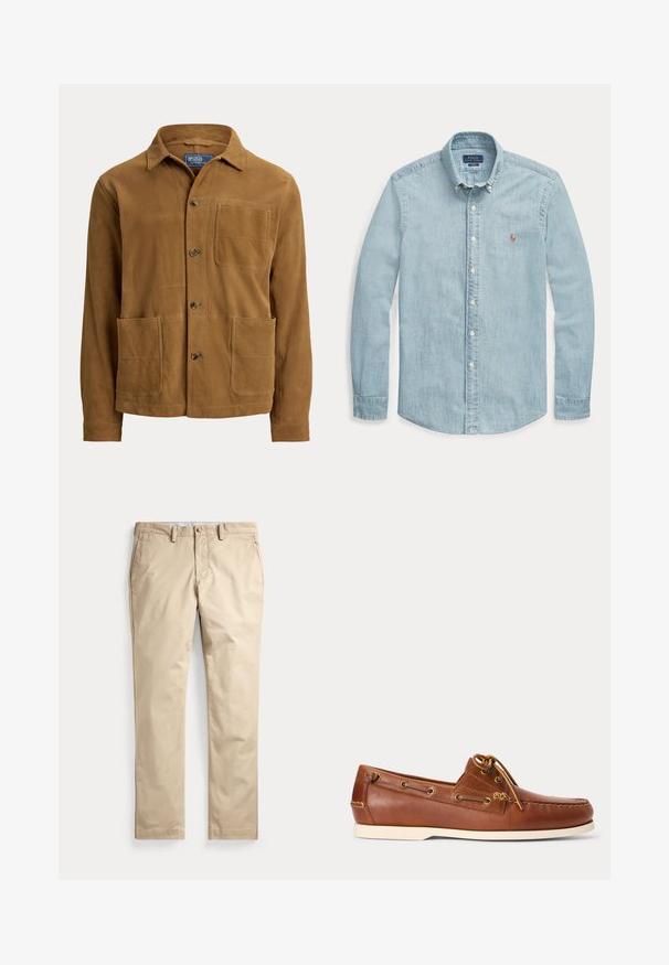 Chaqueta de ante marrón con cuello, cierre de botones, un bolsillo en el pecho y dos grandes bolsillos frontales inferiores.; Camisa vaquera azul claro de manga larga con cuello abotonado, botones blancos y un pequeño logo bordado de Polo Ralph Lauren en el pecho.; Pantalones chinos beige de frente plano con trabillas para cinturón, bolsillos laterales y cierre con botón en la cintura sobre fondo blanco.; Zapato náutico de cuero marrón con suela blanca, cordones atados en la parte superior y ojales metálicos a lo largo de los lados y la costura delantera.