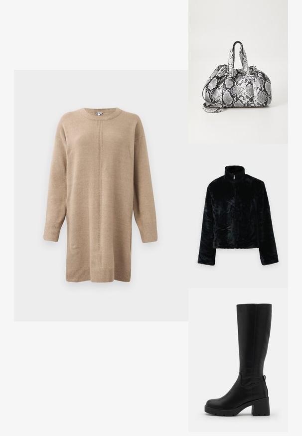 Veste en fausse fourrure noire avec col montant, fermeture zippée et manches longues. Texture douce et coupe décontractée, avec une surface lisse et uniforme.; Robe pull beige en tricot avec des manches longues, un col rond et un détail de couture central. Présente des poignets et un ourlet côtelés pour plus de texture.; Even&Odd by Zalando Bottes à plateau - black; Sac à main en motif peau de serpent noir et blanc avec deux poignées, une fermeture à cordon et une bandoulière amovible. Texture lisse.