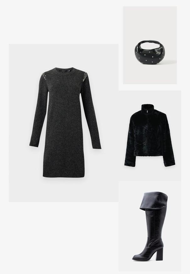 Schwarze Kunstfelljacke mit hohem Kragen, Reißverschluss und langen Ärmeln. Weiche Textur und lockerer Schnitt, mit einer glatten, gleichmäßigen Oberfläche.; Dunkelgraues langärmliges Strickkleid mit rundem Ausschnitt und kleinen Perlenverzierungen an den Schultern, gerader Schnitt in knielanger Länge.; Hoher schwarzer Lederstiefel mit Absatz, umgeschlagenem Umschlag und abgerundetem Zehenbereich, steht aufrecht auf weißem Hintergrund.; Schwarze Lederhandtasche mit abgerundeter Form, verziert mit silbernen Nietenakzenten und kurzem Griff. Glatte Struktur und Reißverschlussverschluss.