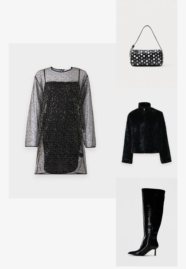 Schwarze Kunstfelljacke mit hohem Kragen, Reißverschluss und langen Ärmeln. Weiche Textur und lockerer Schnitt, mit einer glatten, gleichmäßigen Oberfläche.; Schwarzes Netzkleid mit langen Ärmeln, dekorativen Mustern aus goldenen und silbernen Perlen sowie einem enganliegenden schwarzen Unterkleid. Rundhals-Ausschnitt und Rückenverschluss.; Knöchehohe schwarze Stiefel mit einer glänzenden Krokodilprägung. Spitz zulaufende Zehen und dünner Absatz; mit einem seitlichen Reißverschluss zum Verschließen.; Schwarze Lederhandtasche mit abgerundeter Form, verziert mit silbernen Nieten. Verfügt über einen abnehmbaren Riemen und einen Reißverschluss. Glatte Textur.