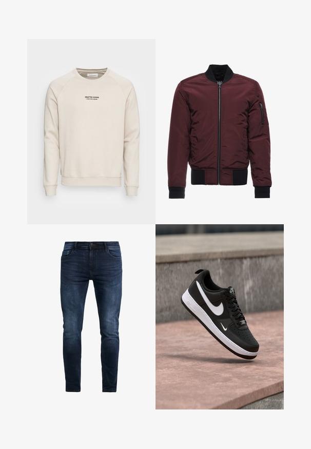 Bordeaux bomberjack met een ritsluiting, ribgebreide manchetten en zoom, en een ritszak op de mouw. Glad, glanzend materiaal met een gewatteerde uitstraling.; Crème-kleurige sweatshirt met raglanmouwen, ribgebreide manchetten en zoom. Bevat een zwart tekstlogo aan de voorkant. Zacht, geweven stof.; Donkerblauwe denim jeans met een slim fit, voorzien van stikdetails, een frontknop en vijf zakken vooropslag.; Zwart-witte Nike Air Force 1 sneaker zwevend boven een roze betonnen oppervlak met een achtergrond van grijze stenen.