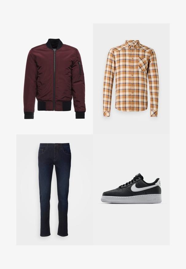Veste bomber bourgogne avec fermeture éclair, poignets et ourlet côtelés, et poche à fermeture éclair sur la manche. Tissu lisse et brillant avec un aspect matelassé.; Chemise à carreaux marron, crème et bleu, dotée d'un col button-down, de manches longues et d'une poche poitrine avec une coupe diagonale.; Jean en denim bleu foncé avec une coupe droite, dotés de poches avant, d'une fermeture éclair et de détails de couture subtils.; Baskets en cuir noir avec surface texturée, swoosh Nike blanc, semelle grise, bout rond et design à lacets. Comprend des perforations sur la boîte à orteils.