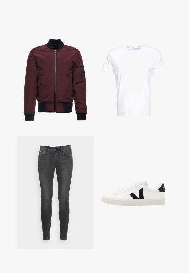 Burgundská bomber bunda so zipsom, rebrovanými manžetami a lemom, a vreckom na zips na rukáve. Hladká, lesklá látka s vypchávkovým vzhľadom.; Biela bavlnená tričko má okrúhly výstrih a krátke rukávy, s klasickým strihom a hladkou textúrou. Žiadne vzory alebo hardvér nie sú viditeľné.; Úzke čierne džínsy s hladkou textúrou, ktoré majú klasický dizajn s piatimi vreckami a jemným vyblednutím v prednej časti.; Biele kožené tenisky s čiernymi semišovými akcentmi; majú gumovú podrážku, okrúly špičku a klasický šnurovací dizajn. Na boku logo v čiernej farbe.