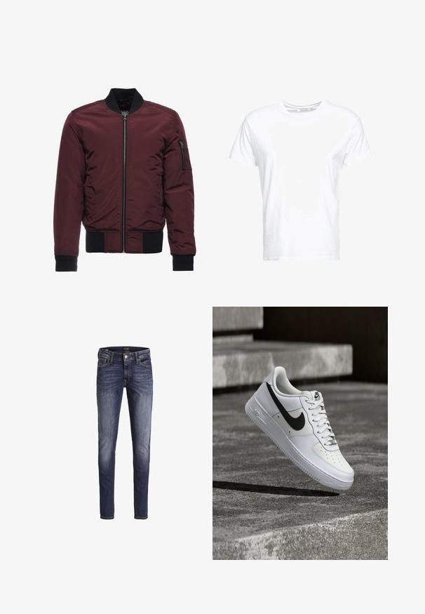 Burgundská bomber bunda so zipsom, rebrovanými manžetami a lemom, a vreckom na zips na rukáve. Hladká, lesklá látka s vypchávkovým vzhľadom.; Biela bavlnená tričko má okrúhly výstrih a krátke rukávy, s klasickým strihom a hladkou textúrou. Žiadne vzory alebo hardvér nie sú viditeľné.; Tmavomodré rifle slim fit s jemným vyblednutím na stehnách a kolenách, s prednými vreckami, pútkami na opasok a zapínaním na gombík.; Biela teniska Nike Air Force 1 s čiernym logom swoosh, zaviazanými šnúrkami, umiestnená vo vzduchu nad textúrovaným betónovým povrchom vonku.