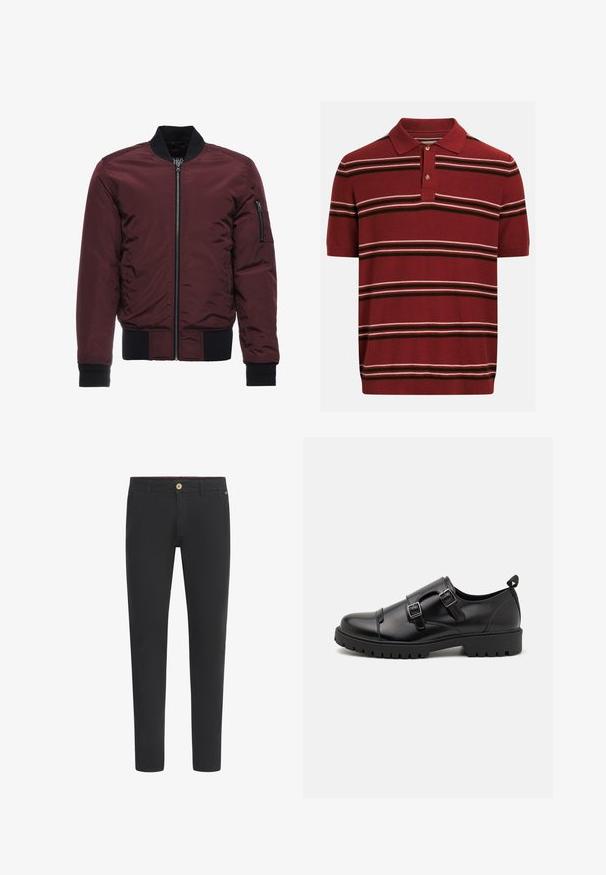 Veste bomber bourgogne avec fermeture éclair, poignets et ourlet côtelés, et poche à fermeture éclair sur la manche. Tissu lisse et brillant avec un aspect matelassé.; Polo à manches courtes couleur bordeaux avec patte de boutonnage à deux boutons, présentant des rayures horizontales blanches et brun foncé sur le corps et les manches.; Chinos noirs en mélange de coton, avec une coupe slim, fermeture à bouton, passants de ceinture et poches latérales. Texture lisse dans l'ensemble.; Pier One Mocassins de ville - black