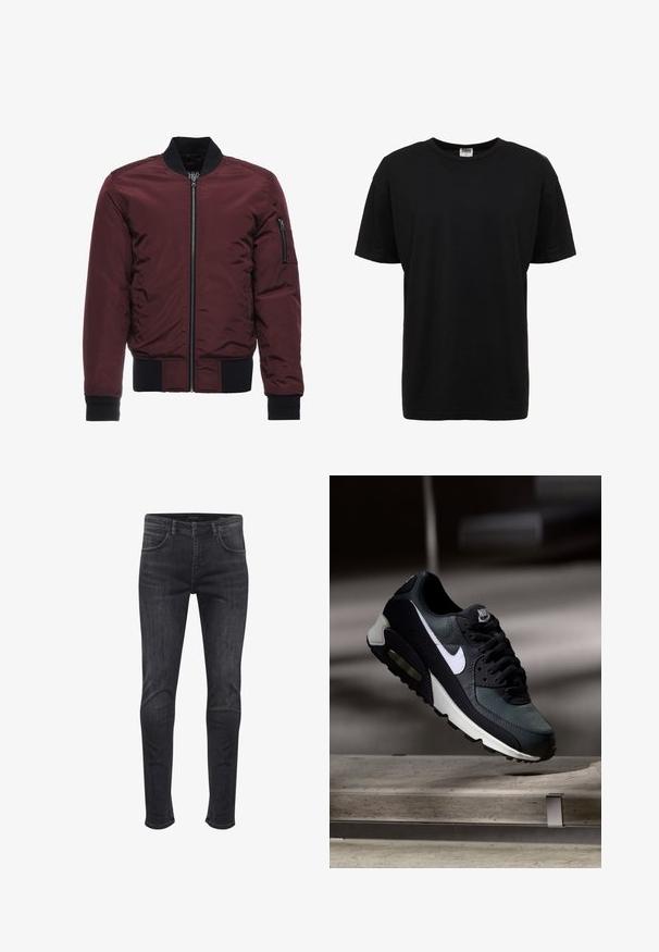 Burgunderfarbene Bomberjacke mit Reißverschluss, gerippten Bündchen und Saum sowie einer Reißverschlusstasche am Ärmel. Glattes, glänzendes Material mit gepolsterter Optik.; Schwarzes Baumwoll-T-Shirt mit Rundhalsausschnitt, kurzen Ärmeln, normaler Passform, glatter Textur und ohne sichtbare Muster oder Akzente.; Hoch sitzende Skinny-Jeans aus dunkelgrauem Denim, mit seitlichen und hinteren Taschen, einem vorderen Knopfverschluss und dezenten Ausbleichdetails.; Schwarzer und grauer Nike Air Max Sneaker mit weißem Swoosh, schwebend über einer Betonfläche vor einem verschwommenen dunklen Hintergrund.