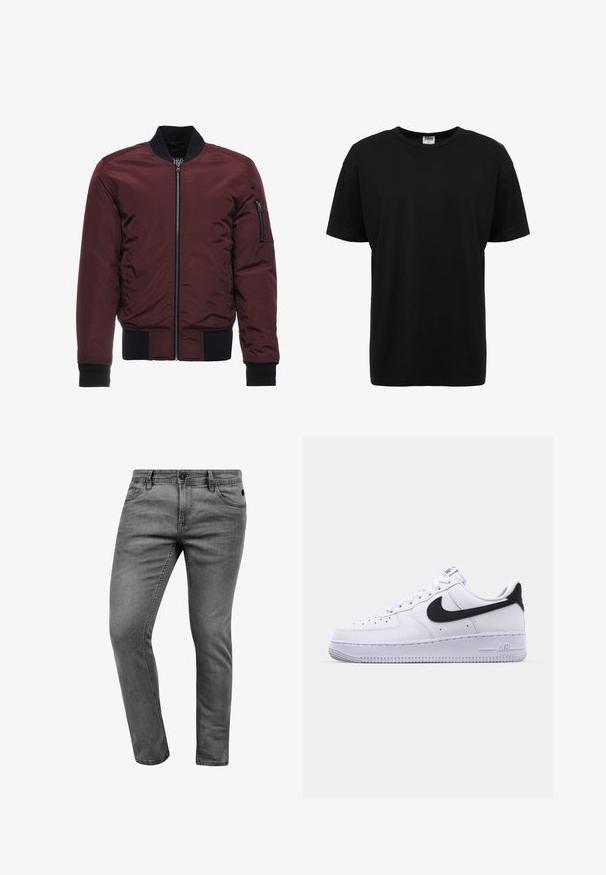 Burgundská bomber bunda so zipsom, rebrovanými manžetami a lemom, a vreckom na zips na rukáve. Hladká, lesklá látka s vypchávkovým vzhľadom.; Čierne bavlnené tričko s krátkymi rukávmi, klasický strih, hladká textura a žiadne viditeľné vzory alebo akcenty.; Sivé džíny z denimu s úzkym strihom, obsahujúcim päť vreciek, gombíkovým zapínaním a jemnými švovými detailami. Mäkká textúra a čistý dizajn.; Biele kožené tenisky s textúrovaným čiernym Swooshom, plochými šnúrkami a gumovou podrážkou s ryhovaným vzorom. Na päte je embosovaný nápis "AIR".