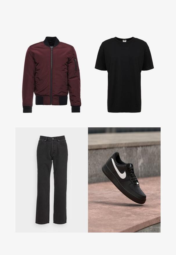 Burgunderfarbene Bomberjacke mit Reißverschluss, gerippten Bündchen und Saum sowie einer Reißverschlusstasche am Ärmel. Glattes, glänzendes Material mit gepolsterter Optik.; Schwarzes Baumwoll-T-Shirt mit Rundhalsausschnitt, kurzen Ärmeln, normaler Passform, glatter Textur und ohne sichtbare Muster oder Akzente.; Schwarze Jeans aus Denim mit geradem Bein, ausgestattet mit einem vorderen Knopfverschluss, Gürtelschlaufen und zwei Seitentaschen. Strukturiertes Material.; Schwarzer Nike Air Force 1 Sneaker mit weißem Swoosh-Logo, der über einer Steinformation schwebt, vor einem grauen strukturierten Hintergrund.