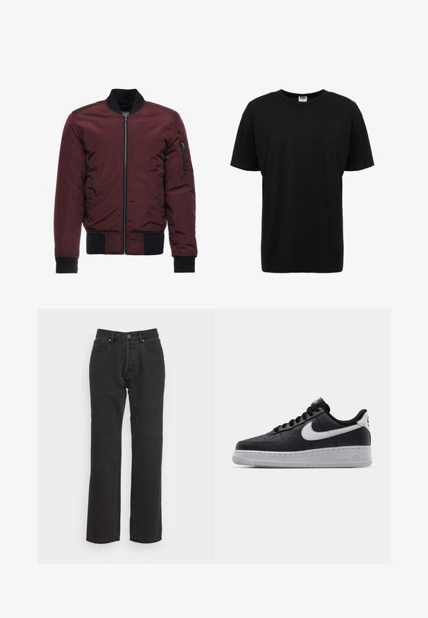 Chaqueta bomber burdeos con cierre de cremallera, puños y dobladillo acanalados, y un bolsillo en la manga con cremallera. Tejido suave y brillante con un aspecto acolchado.; Camiseta de algodón negra de cuello redondo con mangas cortas, corte estándar, textura suave y sin patrones o acentos visibles.; Jeans de denim negro con un diseño de pierna recta, que cuentan con un cierre de botón frontal, lazos para cinturón y dos bolsillos laterales. Tejido texturizado.; Zapatilla negra de cuero con superficie texturizada, logo de Nike en blanco, suela gris, puntera redonda y diseño de encaje. Presenta perforaciones en la puntera.