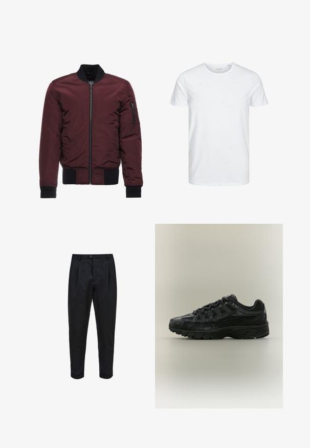 Veste bomber bourgogne avec fermeture éclair, poignets et ourlet côtelés, et poche à fermeture éclair sur la manche. Tissu lisse et brillant avec un aspect matelassé.; T-shirt à col rond à manches courtes de couleur blanche unie, fabriqué en coton doux, avec un design simple sans motifs ni accents visibles.; Pantalons noirs en tissu lisse, avec un devant plissé, une coupe fuselée et des ourlets roulés. Fermeture par bouton simple à la taille.; Chaussure de course Nike noire avec tige en mesh et synthétique, fermeture à lacets et semelle texturée, vue de côté gauche sur fond uni.
