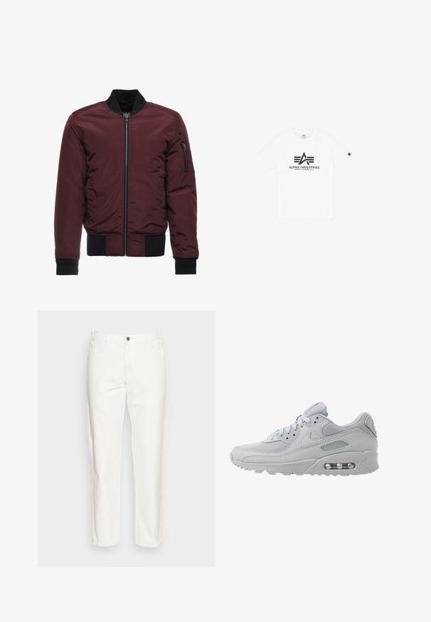 Μπορντό bomber jacket με φερμουάρ, ριμπ μανίκια και στρίφωμα, και τσέπη στον μανίκι με φερμουάρ. Λείο, γυαλιστερό ύφασμα με φουσκωτή εμφάνιση.; Λευκό βαμβακερό T-shirt με κοντά μανίκια, που διαθέτει μαύρη εκτυπωμένη λογότυπο "ALPHA INDUSTRIES" και μια στυλιζαρισμένη τριγωνική σχεδίαση.; Λευκά βαμβακερά παντελόνια με ίσια γραμμή, εμπρόσθιες τσέπες, κλείσιμο με έναν μόνο κουμπί και μαλακή υφή.; Ανοιχτό γκρίζο παπούτσι Nike Air Max 90, κατασκευασμένο από διχτυωτό και δερμάτινο υλικό, διαθέτοντας στρογγυλά κορδόνια, επενδυμένο κολάρο και ορατή αερόσουπα στη σόλα.
