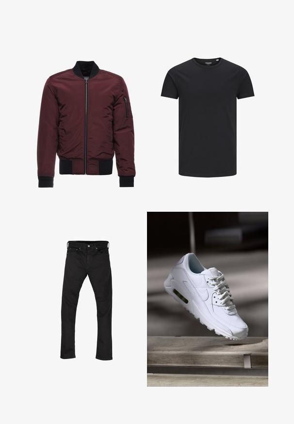 Burgundská bomber bunda so zipsom, rebrovanými manžetami a lemom, a vreckom na zips na rukáve. Hladká, lesklá látka s vypchávkovým vzhľadom.; Čierne bavlnené tričko s okrúhlym výstrihom, krátkymi rukávmi a jednoduchým dizajnom. Hladký povrch, bez vzorov alebo viditeľného hardvéru.; Čierne riflové nohavice so strihom rovného nohavicu, päť vreciek a kovové zapínanie. Hladká textúra a jednotná farba po celom povrchu.; Biele kožené tenisky s textúrovanými povrchmi, polstrovaným golierom a viditeľným vzduchovým odpružením v podrážke. Majú šnúrky a minimalistický dizajn.