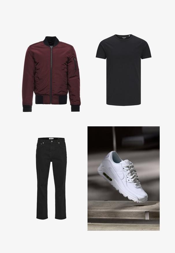 Chaqueta bomber burdeos con cierre de cremallera, puños y dobladillo acanalados, y un bolsillo en la manga con cremallera. Tejido suave y brillante con un aspecto acolchado.; Camiseta de algodón negra con cuello redondo, mangas cortas y un diseño sencillo. Textura suave, sin patrones ni herrajes visibles.; Vaqueros negros de corte recto con botón de metal y remaches, con bolsillos delanteros y traseros, mostrados sobre un fondo blanco.; Zapatilla blanca de piel con superficies texturizadas, cuello acolchado y amortiguación de aire visible en la suela. Presenta cordones y un diseño minimalista.