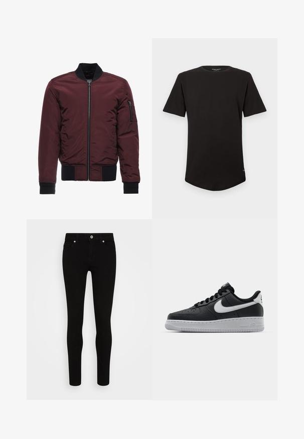 Veste bomber bourgogne avec fermeture éclair, poignets et ourlet côtelés, et poche à fermeture éclair sur la manche. Tissu lisse et brillant avec un aspect matelassé.; T-shirt noir à manches courtes avec un col rond, un ourlet arrondi et une petite étiquette logo près de l'ourlet latéral.; Jean skinny noir avec une texture lisse, conception à cinq poches, fermeture à bouton sur le devant et silhouette épurée. Style minimaliste sans motifs visibles.; Baskets en cuir noir avec surface texturée, swoosh Nike blanc, semelle grise, bout rond et design à lacets. Comprend des perforations sur la boîte à orteils.