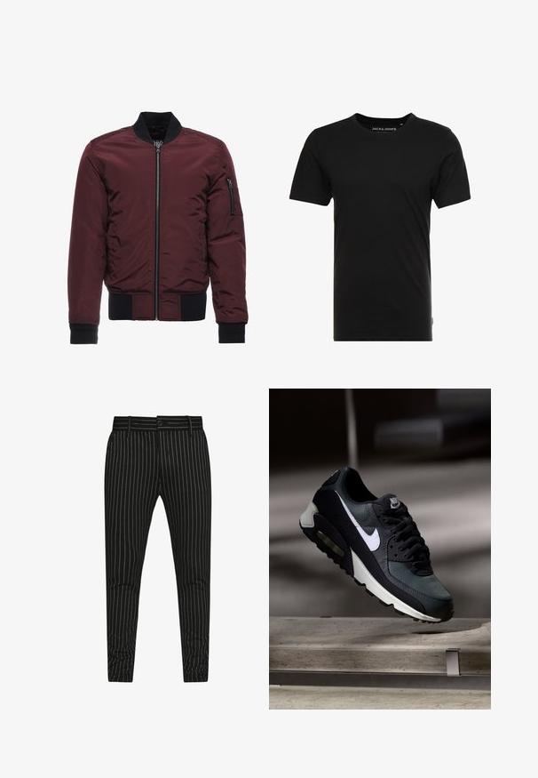 Chaqueta bomber burdeos con cierre de cremallera, puños y dobladillo acanalados, y un bolsillo en la manga con cremallera. Tejido suave y brillante con un aspecto acolchado.; Camiseta de manga corta negra hecha de algodón, con cuello redondo y una sutil etiqueta de logo en el costado. Diseño simple y versátil.; Pantalones de rayas negras con rayas verticales blancas, diseño ajustado y cierre de botón con trabillas para cinturón que permiten un ajuste configurable.; Zapatilla Nike Air Max negra y gris con el logo blanco, suspendida sobre una superficie de cemento contra un fondo oscuro y desenfocado.