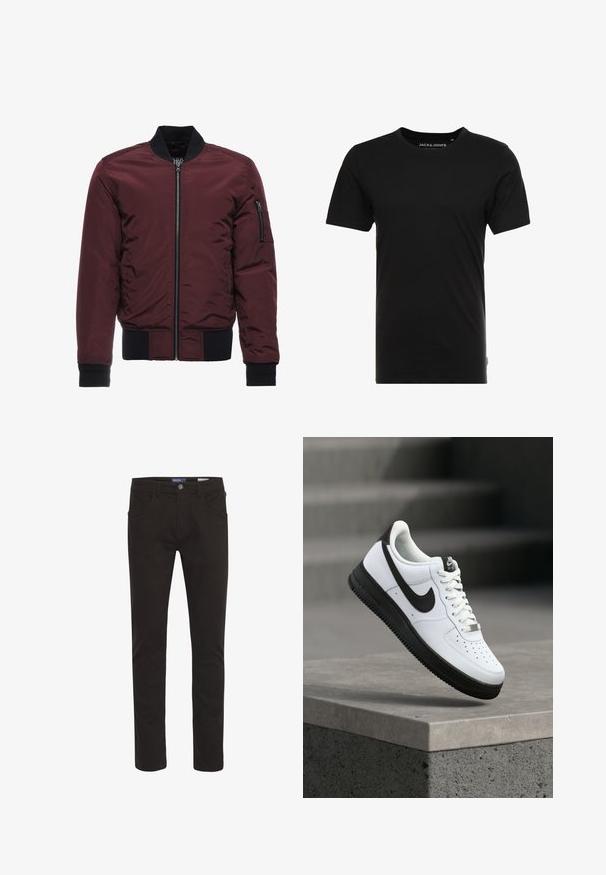 Veste bomber bourgogne avec fermeture éclair, poignets et ourlet côtelés, et poche à fermeture éclair sur la manche. Tissu lisse et brillant avec un aspect matelassé.; T-shirt noir à manches courtes en coton, avec un col rond et une étiquette logo discrète sur le côté. Design simple et polyvalent.; Pantalons en mélange de coton noir, coupe slim, avec une fermeture à bouton, cinq poches, et une texture lisse. Présente des détails de couture classiques.; Baskets en cuir blanc avec accents noirs, bout arrondi et détails perforés. Semelle en caoutchouc noire avec motif texturé et fermeture à lacets.