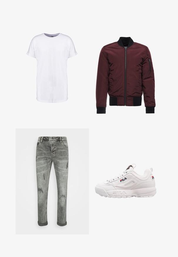 Chaqueta bomber burdeos con cierre de cremallera, puños y dobladillo acanalados, y un bolsillo en la manga con cremallera. Tejido suave y brillante con un aspecto acolchado.; Camiseta de algodón blanca con mangas cortas, cuello redondo y un corte relajado. Textura suave y sin patrones ni diseños visibles.; Vaqueros de mezclilla gris con acabado desgastado, que presentan detalles deslavados y dobladillos enrollados. Diseño de cinco bolsillos con corte recto.; Zapatilla deportiva blanca con un upper de cuero suave, cuello acolchado, paneles laterales texturizados y un logotipo de marca en rojo y azul.