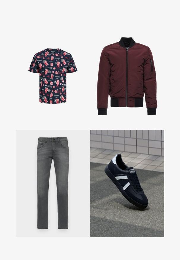 Veste bomber bourgogne avec fermeture éclair, poignets et ourlet côtelés, et poche à fermeture éclair sur la manche. Tissu lisse et brillant avec un aspect matelassé.; T-shirt à manches courtes bleu marine avec des imprimés de Noël rouges et blancs, incluant le Père Noël, des cadeaux et des textes festifs dans divers designs.; Jean en denim gris avec une coupe droite classique, présentant un design à cinq poches standard et une texture subtilement délavée sur l'ensemble.; Sneaker en cuir noir avec des rayures blanches, semelle en caoutchouc texturée et devant à lacets. Présente une étiquette de marque sur la languette.