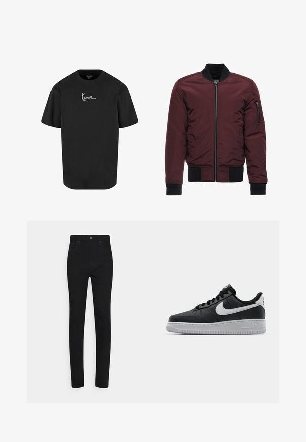 Burgunderfarbene Bomberjacke mit Reißverschluss, gerippten Bündchen und Saum sowie einer Reißverschlusstasche am Ärmel. Glattes, glänzendes Material mit gepolsterter Optik.; Schwarzes Baumwoll-T-Shirt mit kurzen Ärmeln, Rundhalsausschnitt und einem weißen Signaturlogo, das auf der Vorderseite gedruckt ist. Glatte Textur und lässige Passform.; Schwarze Skinny-Jeans aus Denim mit hoher Taille, ausgestattet mit einem Knopfverschluss vorn und fünf Taschen. Glatte Textur und taillierte Passform.; Schwarze Ledersneaker mit strukturierten Oberflächen, weißem Nike-Swoosh, grauer Sohle, runder Zehenpartie und Schnürdesign. Verfügt über Perforationen an der Zehenbox.