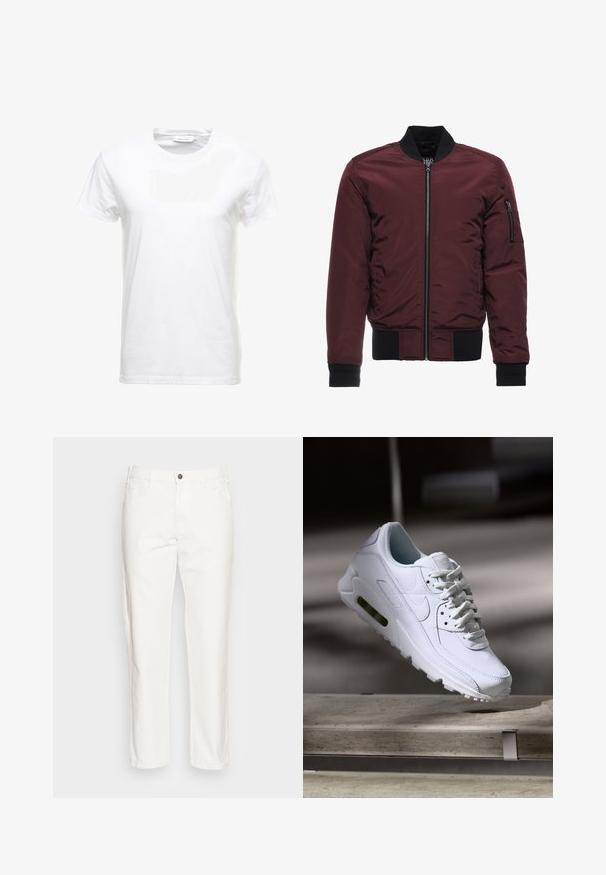 Μπορντό bomber jacket με φερμουάρ, ριμπ μανίκια και στρίφωμα, και τσέπη στον μανίκι με φερμουάρ. Λείο, γυαλιστερό ύφασμα με φουσκωτή εμφάνιση.; Λευκό βαμβακερό t-shirt με κοντά μανίκια, σχέδιο με στρογγυλή λαιμόκοψη και λεία υφή. Η ετικέτα είναι ορατή στη λαιμόκοψη. Απλός και κλασικός στυλ.; Λευκά βαμβακερά παντελόνια με ίσια γραμμή, εμπρόσθιες τσέπες, κλείσιμο με έναν μόνο κουμπί και μαλακή υφή.; Λευκό δερμάτινο αθλητικό παπούτσι με υφή στην επιφάνεια, επενδεδυμένο κολάρο και ορατή αεροστιβάδα στη σόλα. Περιλαμβάνει κορδόνια και μινιμαλιστικό σχέδιο.