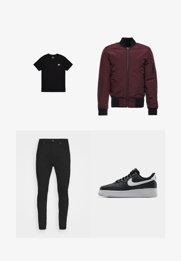 Μπορντό bomber jacket με φερμουάρ, ριμπ μανίκια και στρίφωμα, και τσέπη στον μανίκι με φερμουάρ. Λείο, γυαλιστερό ύφασμα με φουσκωτή εμφάνιση.; Μαύρη κοντομάνικη μπλούζα από βαμβάκι. Διαθέτει ένα μικρό λευκό λογότυπο στο αριστερό στήθος και μια ετικέτα στη ραφή στο πλάι. Απλός σχεδιασμός.; Μαύρα τζιν παντελόνια slim-fit από τζιν, με κλασικό σχέδιο πέντε τσεπών, κλείσιμο με κουμπί και διακριτές κόκκινες ραφές.; Μαύρο δερμάτινο αθλητικό παπούτσι με υφασμάτινη επιφάνεια, άσπρο λογότυπο Nike, γκρίζα σόλα, στρογγυλή μύτη και σχέδιο με κορδόνια. Διαθέτει διάτρητα σημεία στην περιοχή της μύτης.