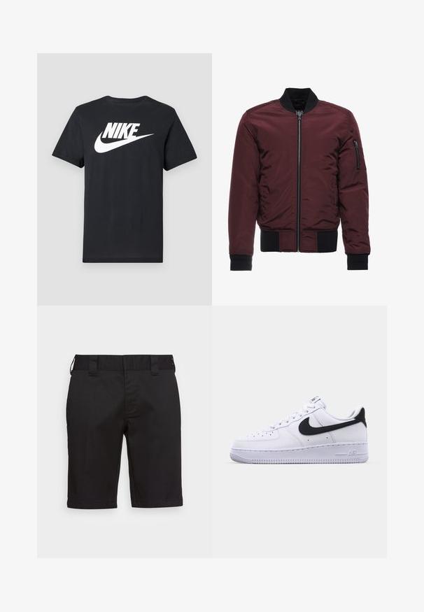 Burgundská bomber bunda so zipsom, rebrovanými manžetami a lemom, a vreckom na zips na rukáve. Hladká, lesklá látka s vypchávkovým vzhľadom.; Čierne tričko s krátkym rukávom s bielym logom Nike a symbolom umiestneným v strede na hrudi, zobrazené na svetlosivom pozadí.; Čierne šortky z hladkej látky s rovnými nohavicami, dvoma zadnými vreckami, plochým pásom a pútkami na opasok. Bez viditeľných vzorov alebo akcentov.; Biele kožené tenisky s textúrovaným čiernym Swooshom, plochými šnúrkami a gumovou podrážkou s ryhovaným vzorom. Na päte je embosovaný nápis "AIR".