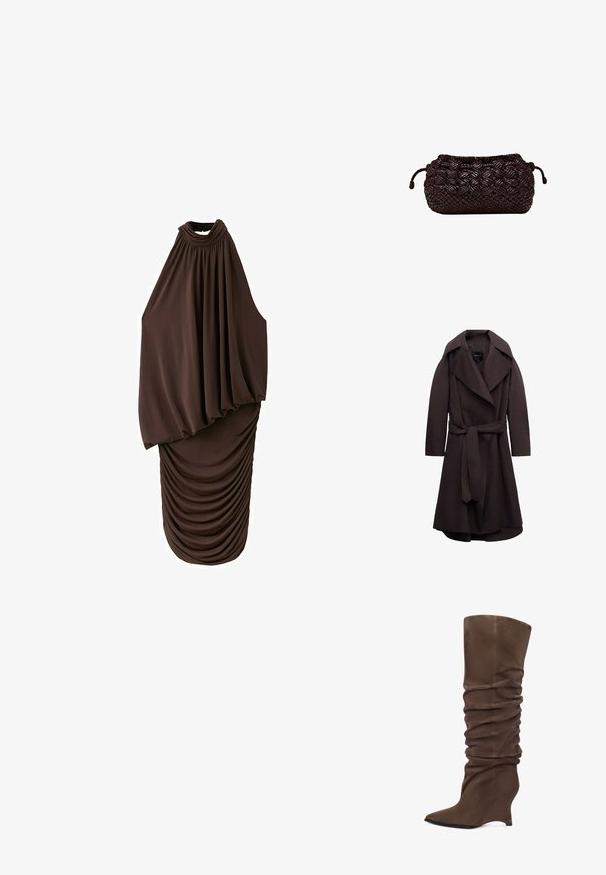 Mørkebrun lang trenchcoat med brede revers og et matchende stofbælte bundet i taljen, vist på hvid baggrund.; Ærmeløs mørkebrun midikjole med høj halsudskæring, draperet løs overdel og rynket tætsiddende nederste del af nederdelen.; Brune høje støvler i blødt stof med afslappet design, spids tå og kilehæl for ekstra højde.; Mørkebrun vævet clutchnet med flettet tekstur og snøre lukning på begge sider mod en hvid baggrund.