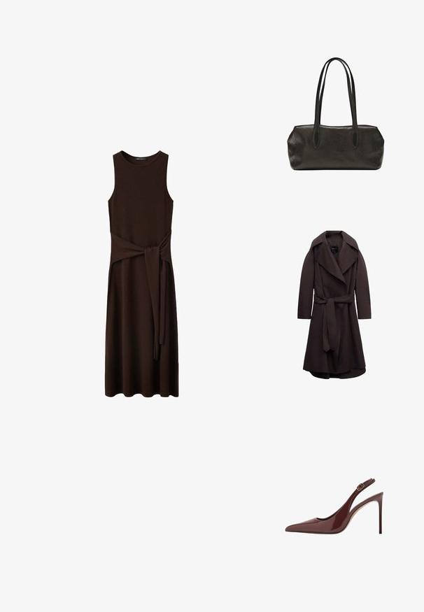 Trench-coat long marron foncé avec de larges revers et une ceinture assortie en tissu nouée à la taille, présenté sur un fond blanc.; Robe midi marron foncé sans manches avec encolure ronde et ceinture en tissu attachée à la taille, présentée sur fond blanc.; Escarpin à talon aiguille en cuir verni marron foncé, à bout pointu, avec une bride réglable et une fine semelle.; Sac à main rectangulaire en cuir noir avec longues bretelles doubles et finition texturée, présenté sur un fond blanc uni.