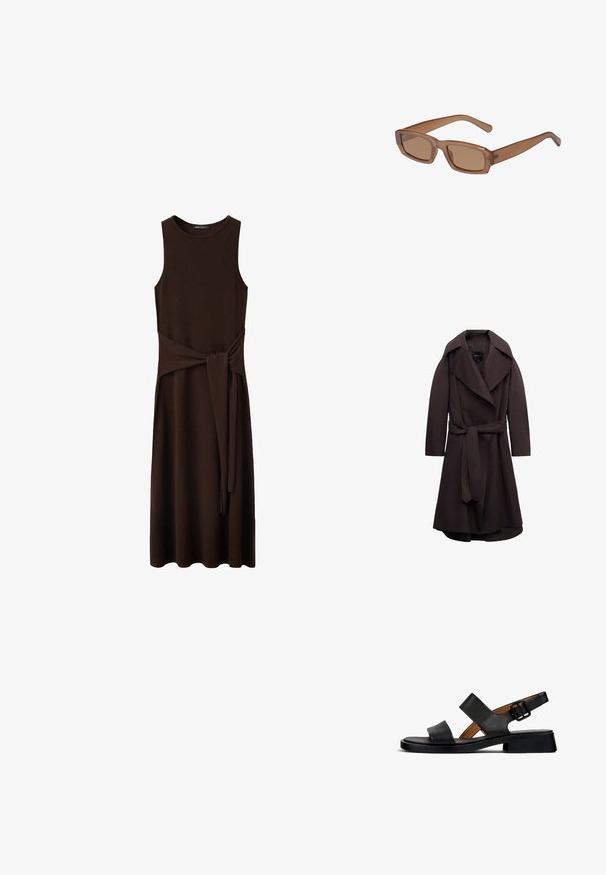 Abrigo largo tipo trench de color marrón oscuro con solapas anchas y un cinturón del mismo tejido atado en la cintura, mostrado sobre un fondo blanco.; Vestido midi marrón oscuro sin mangas con escote redondo y cinturón de tela unido y anudado en la cintura, mostrado sobre fondo blanco.; Sandalia de cuero negro con dos correas horizontales y una correa en el tobillo con hebilla. Suela plana y texturizada con un ligero tacón y un acabado suave.; Gafas de sol rectangulares marrones con montura transparente, patillas delgadas y lentes tintados, con una textura suave y un diseño moderno.