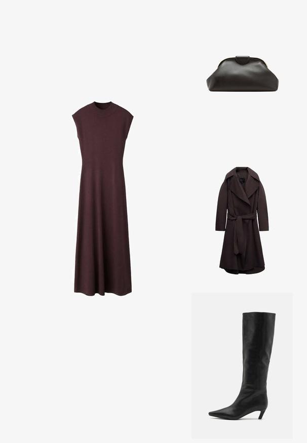 Trench-coat long marron foncé avec de larges revers et une ceinture assortie en tissu nouée à la taille, présenté sur un fond blanc.; Robe longue en maille marron foncé sans manches, avec col rond haut et légère évasement à l'ourlet sur fond blanc.; RAID FLAURA - Bottes - black; Pochette en cuir noir souple avec un cadre arrondi et une petite fermeture à languette en haut au centre.