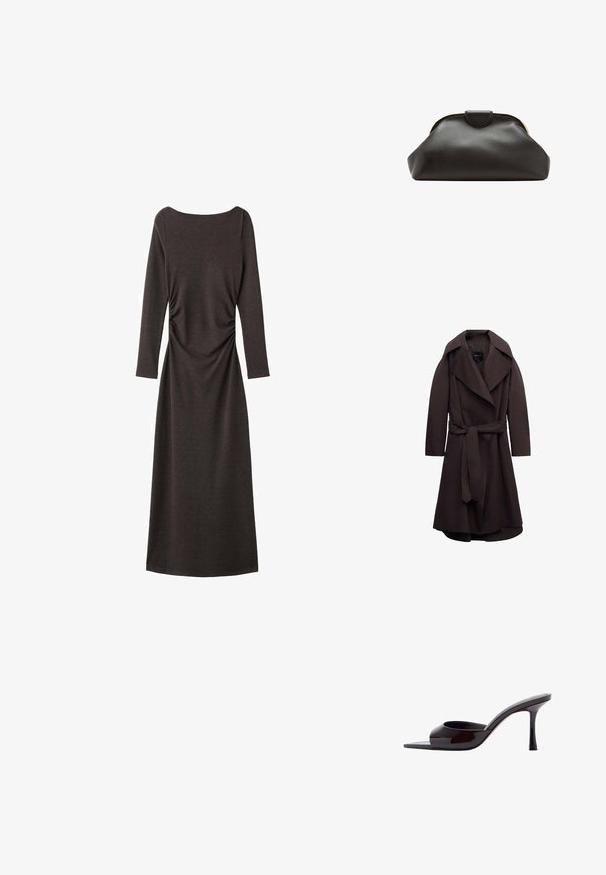 Trench-coat long marron foncé avec de larges revers et une ceinture assortie en tissu nouée à la taille, présenté sur un fond blanc.; Robe à manches longues, brun foncé, avec un col rond et des détails froncés sur le côté, fabriquée en tissu doux et extensible.; Mule en cuir verni noir à bout ouvert avec un talon stiletto fin de hauteur moyenne et une bride supérieure basse.; Pochette en cuir noir souple avec un cadre arrondi et une petite fermeture à languette en haut au centre.