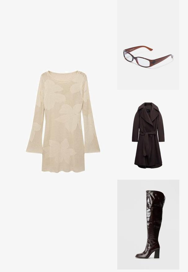 Mørkebrun lang trenchcoat med brede revers og et matchende stofbælte bundet i taljen, vist på hvid baggrund.; Beige strikket sweater med lange ærmer og en rund halsudskæring, dekoreret med store bladmønstre og en mesh-struktur. Fremhævet af klokkeærmer.; Knæhøje, blanke bordeauxrøde læderstøvler med firkantet tå og blokhæl, der har et løstsiddende design og minimale syningsdetaljer.; Brune-farvede rektangulære briller med en glat overflade, der har slanke arme og gennemsigtige linser. Logoet er synligt på venstre temple.