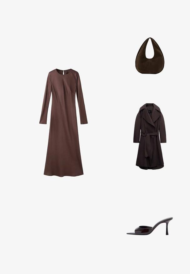 Trench-coat long marron foncé avec de larges revers et une ceinture assortie en tissu nouée à la taille, présenté sur un fond blanc.; Robe longue marron foncé à manches longues, longueur jusqu'aux chevilles, avec un col rond et des détails discrets de coutures sur un fond blanc.; Mule en cuir verni noir à bout ouvert avec un talon stiletto fin de hauteur moyenne et une bride supérieure basse.; Sac à main en daim marron foncé en forme de croissant avec une seule sangle large et une texture lisse sur fond blanc.