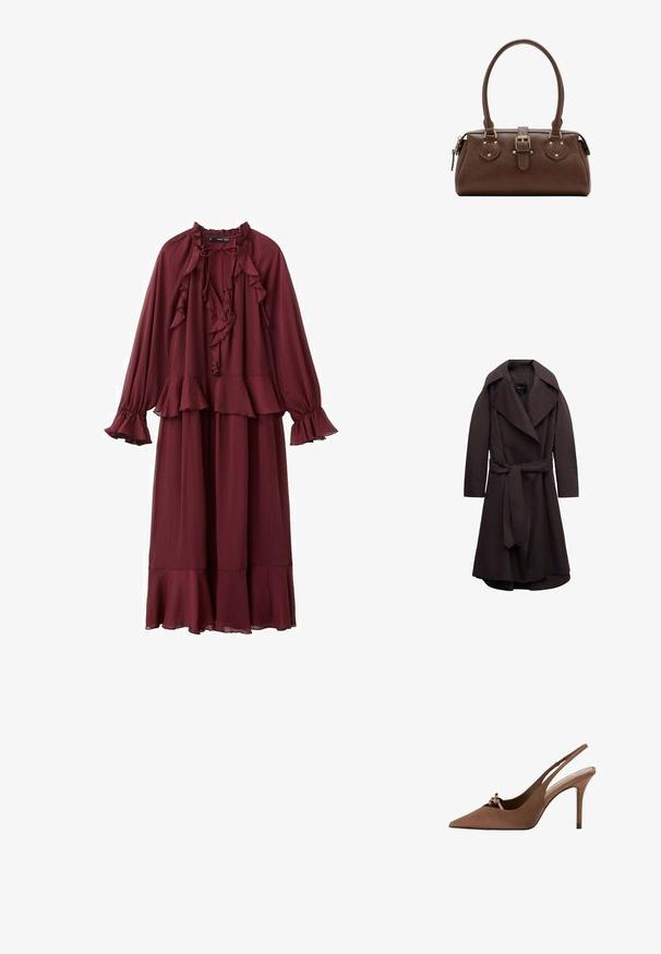 Trench-coat long marron foncé avec de larges revers et une ceinture assortie en tissu nouée à la taille, présenté sur un fond blanc.; Robe bordeaux à manches longues avec col, poignets et ourlet à volants, dotée d'un détail noué au col et d'une taille à basque superposée.; Escarpin slingback marron à bout pointu avec un petit nœud sur le devant et un talon aiguille fin.; Sac à main en cuir marron avec deux poignées, une sangle centrale à boucle et des ferrures dorées, présenté sur fond blanc.