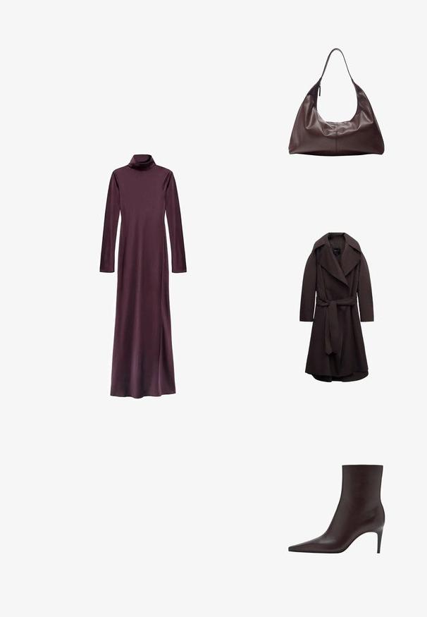 Donkere bruine lange trenchcoat met brede revers en een bijpassende stoffen riem gestrikt in de taille, weergegeven op een witte achtergrond.; Langshemd, turtleneck jurk in diep bordeauxrood, gemaakt van een gladde stof. Heeft een rechte silhouet en reikt tot halverwege het onderbeen. Geen zichtbare patronen.; Bruine leren enkelboot met een spitse neus, slanke schacht en een dunne, hoge hak. Gladde textuur, minimalistisch ontwerp, geen zichtbare hardware.; Donkere bruine leren schoudertas met een enkele riem en een ritssluiting aan één kant, zachte slungelige structuur en een gladde textuur.