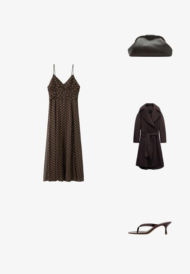 Trench-coat long marron foncé avec de larges revers et une ceinture assortie en tissu nouée à la taille, présenté sur un fond blanc.; Robe midi marron à pois blancs, corsage froncé et fines bretelles spaghetti.; Sandale à talon en cuir verni noir avec bride entre les orteils et un talon petit kitten élancé de hauteur moyenne, vue de côté sur fond blanc.; Pochette en cuir noir souple avec un cadre arrondi et une petite fermeture à languette en haut au centre.